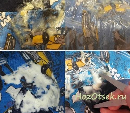 Как убрать слайм с одежды утюгом. Замораживание