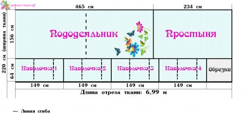 Раскрой постельного белья при ширине 220. Схема раскроя ткани для 1,5-спального комплекта со стандартной простыней (ширина ткани: 220 см)